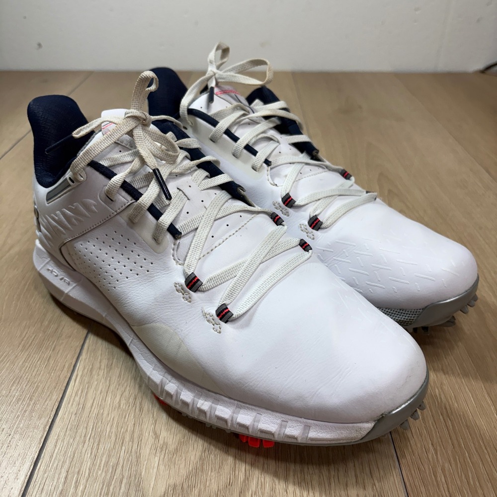 Under Armour HOVR Drive 2 Golf Shoes White Navy Spiked 3025070-100 Mens 9.5